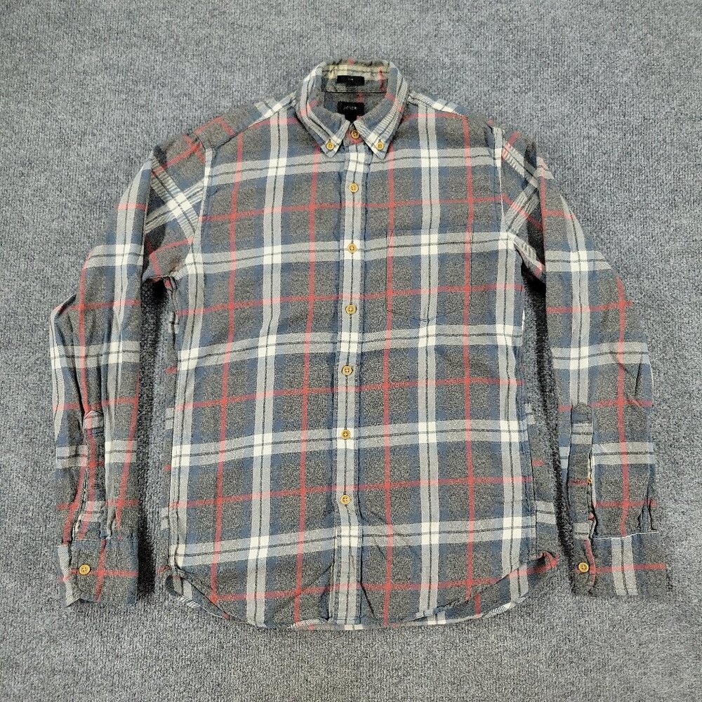 J Crew Button Shirt Men's Small Gray Red Plaid Flannel Long Sleeve Pocket Adult